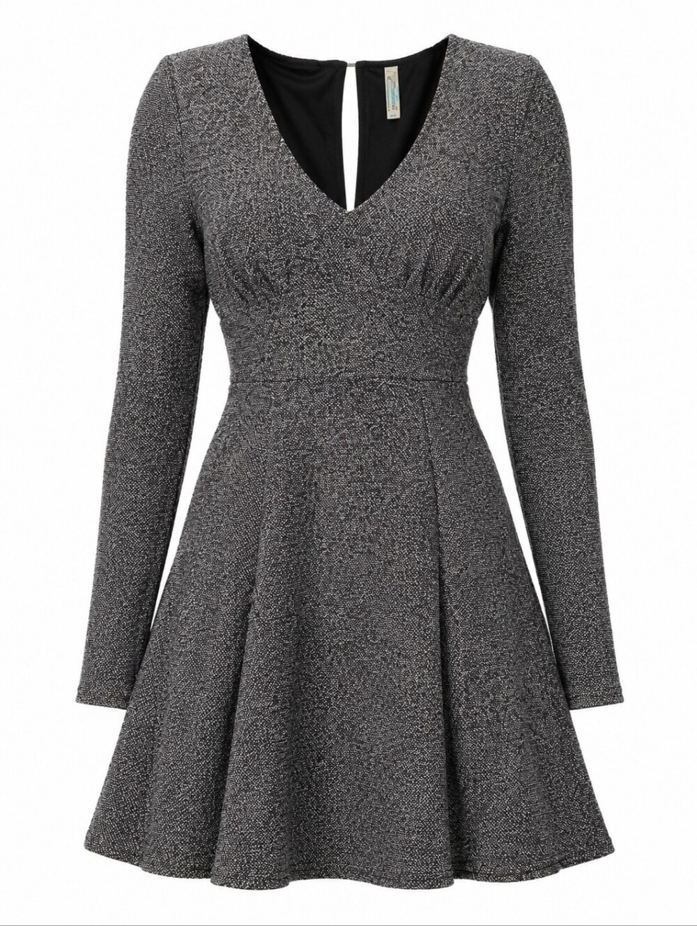 FREE PEOPLE |‎ Heart Stopped Black Tweed Fit Flare Long Sleeve V-Neck Dress | S